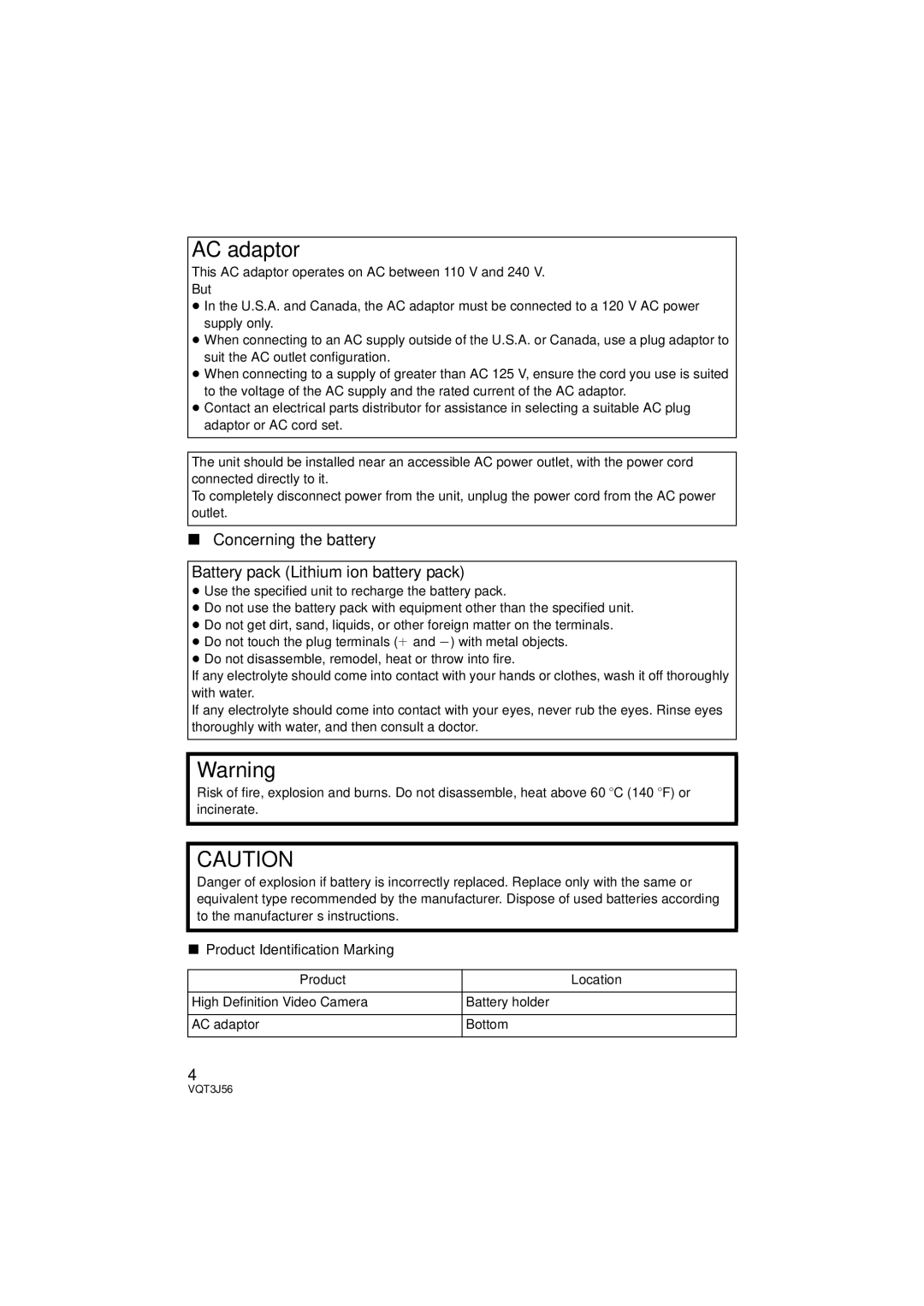 Panasonic HDC-TM90P/PC, HDC-SD90P/PC owner manual AC adaptor, Product Identification Marking, Product Location 