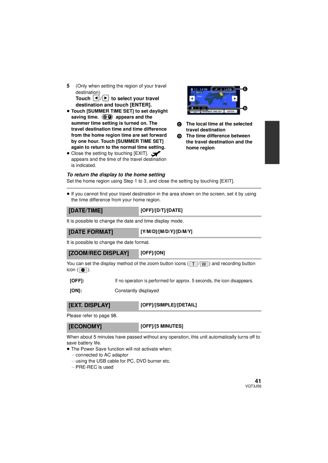 Panasonic HDC-SD90P/PC, HDC-TM90P/PC owner manual Date Format, ZOOM/REC Display, EXT. Display, Economy 