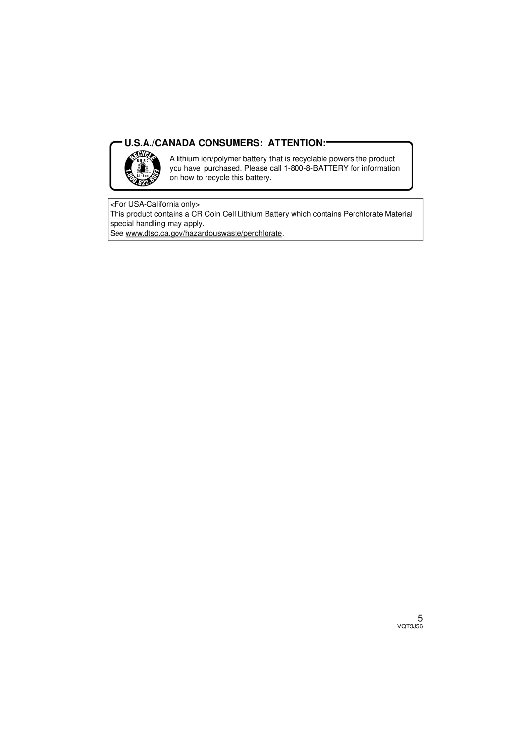 Panasonic HDC-SD90P/PC, HDC-TM90P/PC owner manual A./CANADA Consumers Attention, For USA-California only 