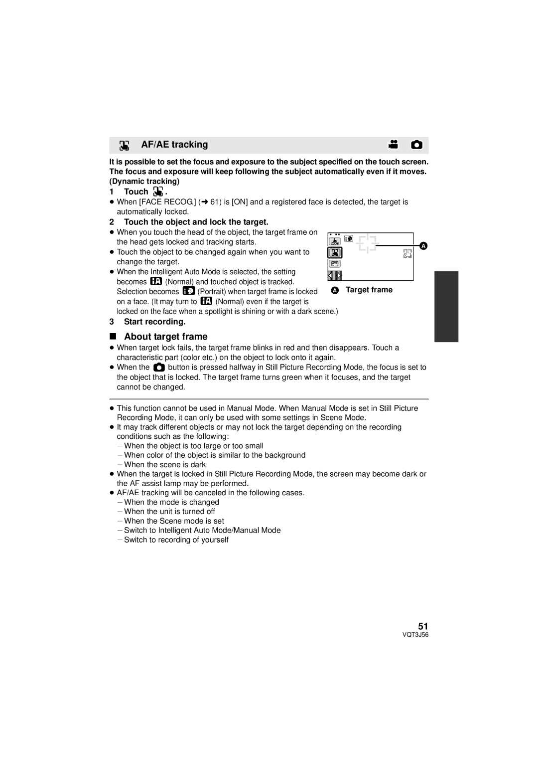 Panasonic HDC-SD90P/PC AF/AE tracking, About target frame, Touch the object and lock the target, Start recording 