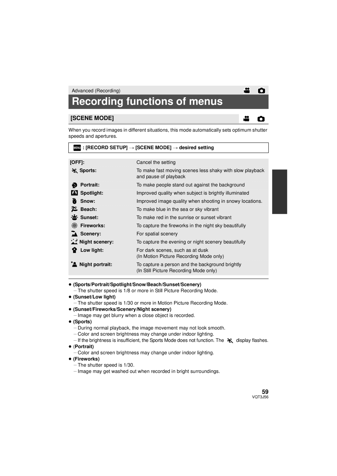 Panasonic HDC-SD90P/PC, HDC-TM90P/PC owner manual Recording functions of menus, Scene Mode 