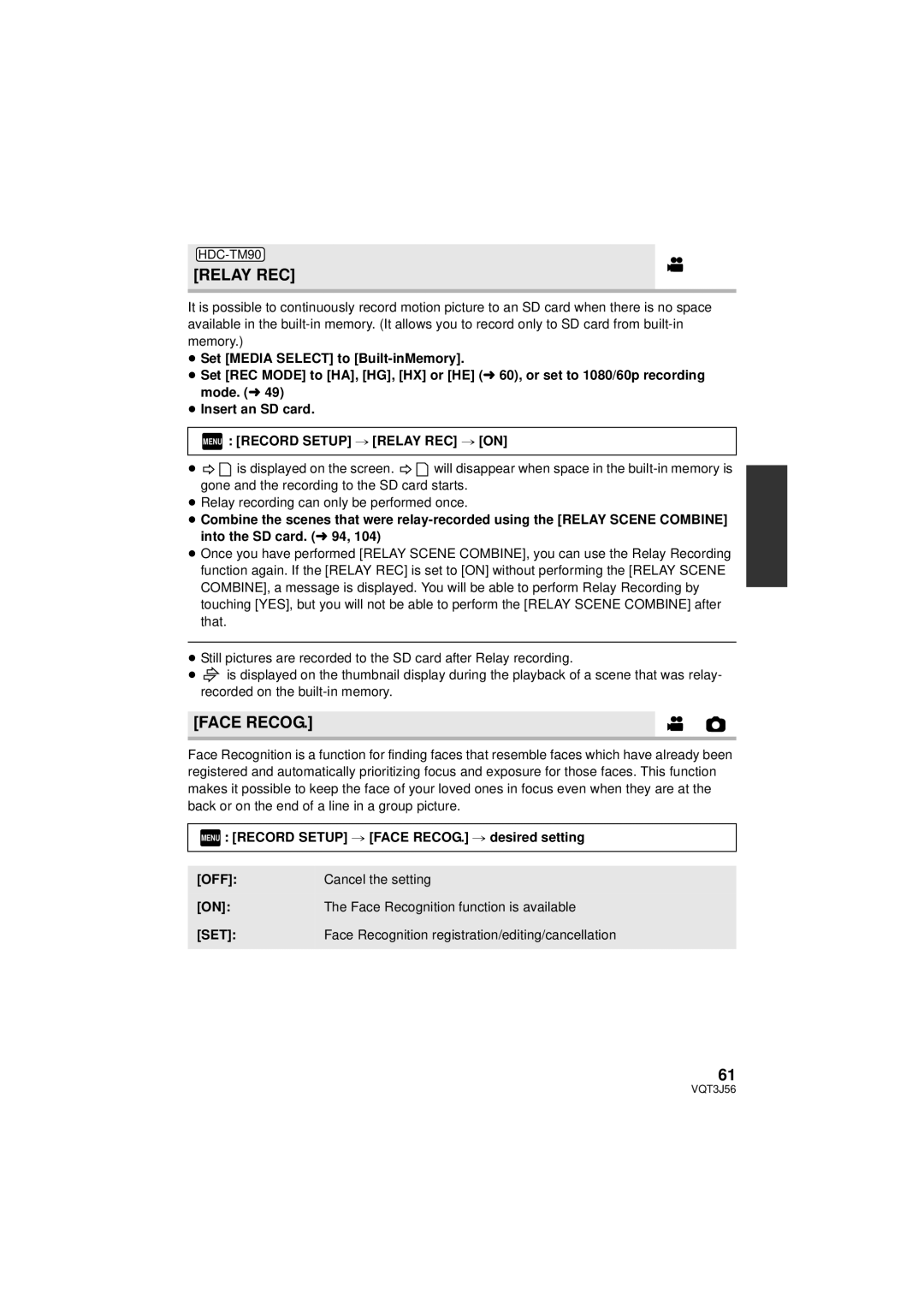 Panasonic HDC-SD90P/PC, HDC-TM90P/PC owner manual Face Recog, Menu Record Setup # Relay REC # on 