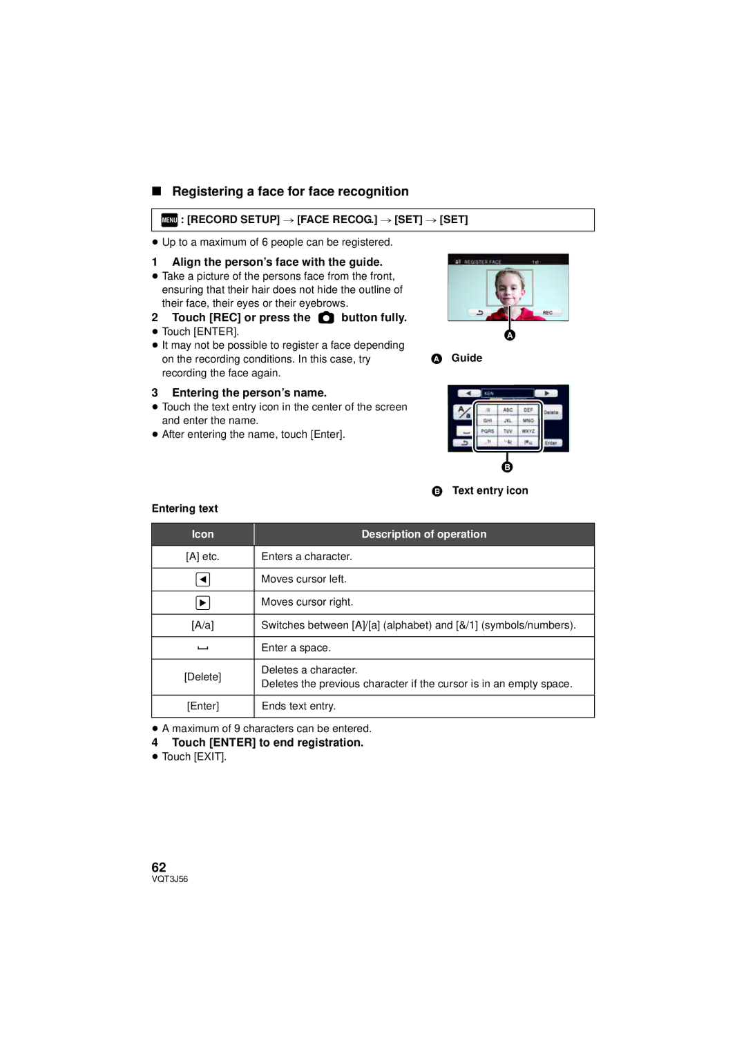 Panasonic HDC-TM90P/PC, HDC-SD90P/PC Registering a face for face recognition, Align the person’s face with the guide 