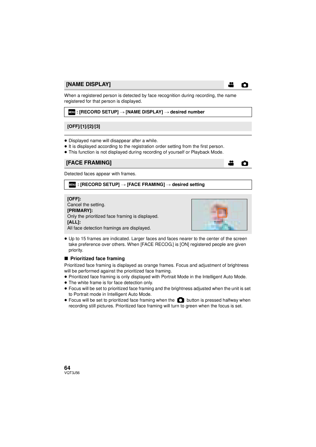 Panasonic HDC-TM90P/PC, HDC-SD90P/PC owner manual Name Display, Face Framing, Prioritized face framing, Primary 