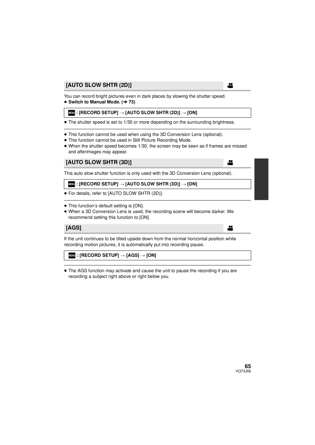 Panasonic HDC-SD90P/PC, HDC-TM90P/PC owner manual Auto Slow Shtr 2D, Auto Slow Shtr 3D, Ags 