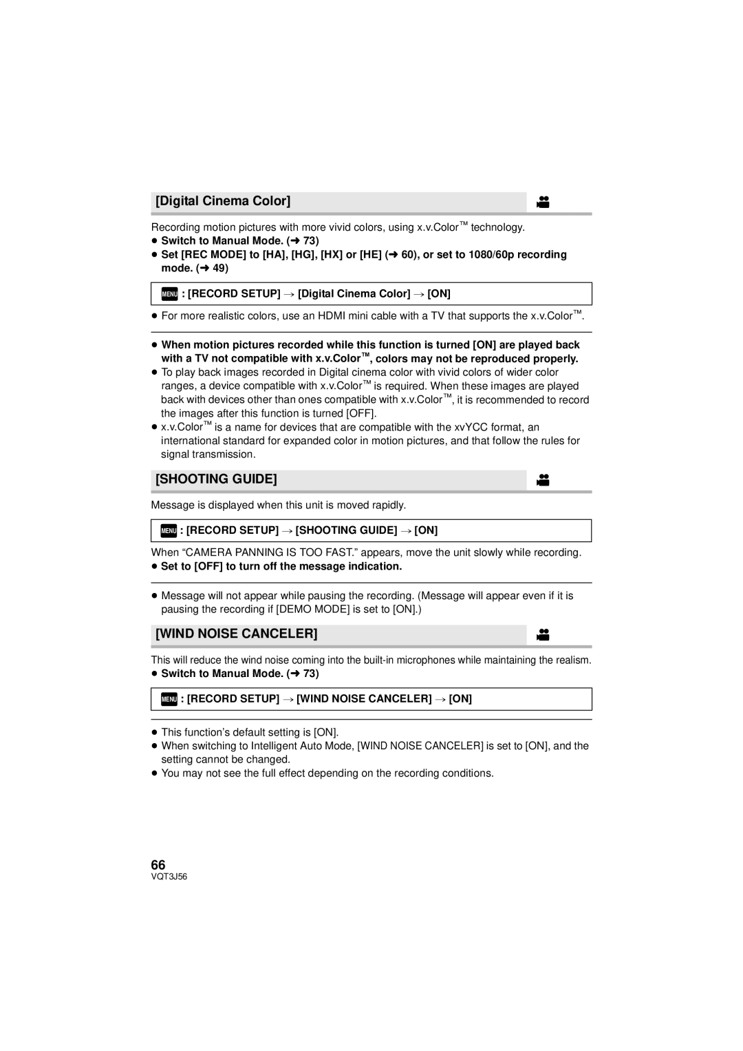 Panasonic HDC-TM90P/PC owner manual Digital Cinema Color, Wind Noise Canceler, Menu Record Setup # Shooting Guide # on 