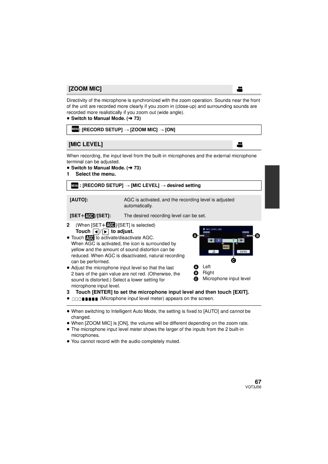 Panasonic HDC-SD90P/PC, HDC-TM90P/PC owner manual MIC Level, Touch To adjust, Menu Record Setup # Zoom MIC # on, Auto 