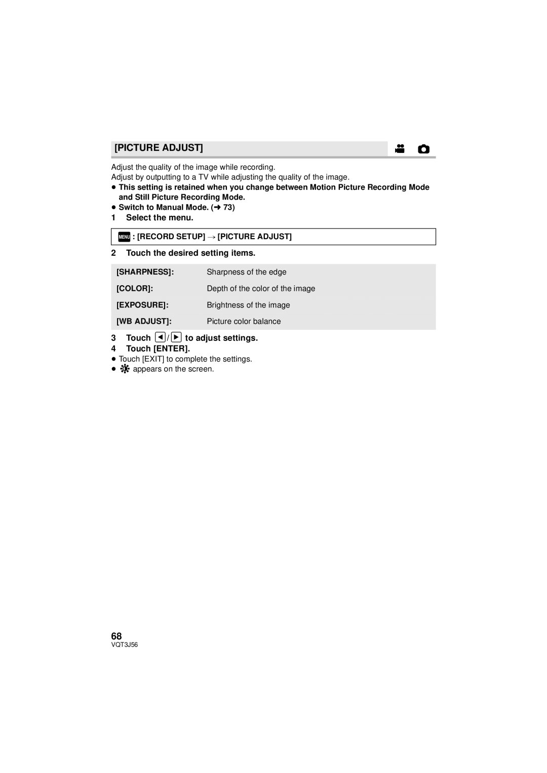 Panasonic HDC-TM90P/PC, HDC-SD90P/PC owner manual Picture Adjust, Touch the desired setting items 