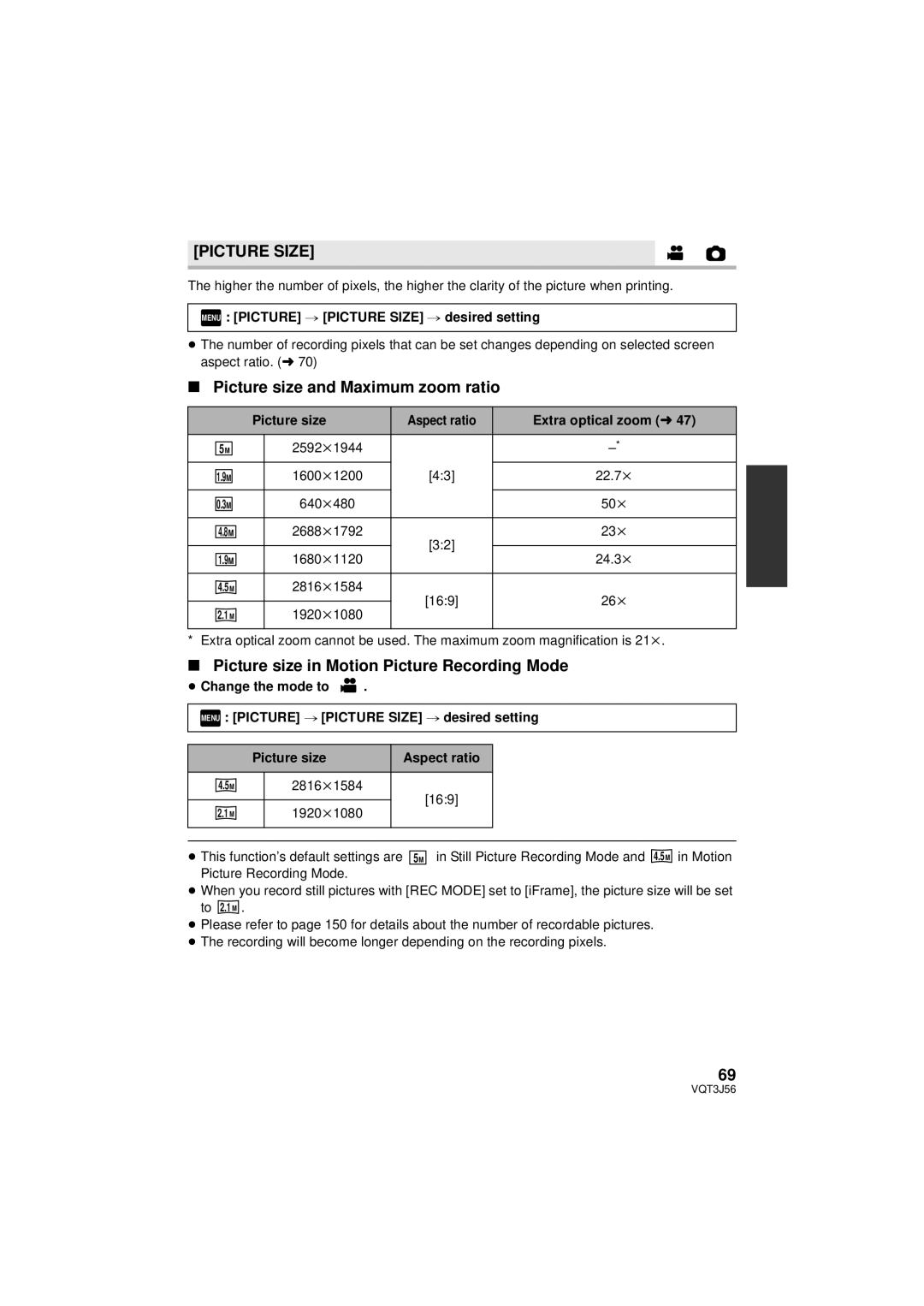 Panasonic HDC-SD90P/PC Picture Size, Picture size and Maximum zoom ratio, Picture size in Motion Picture Recording Mode 