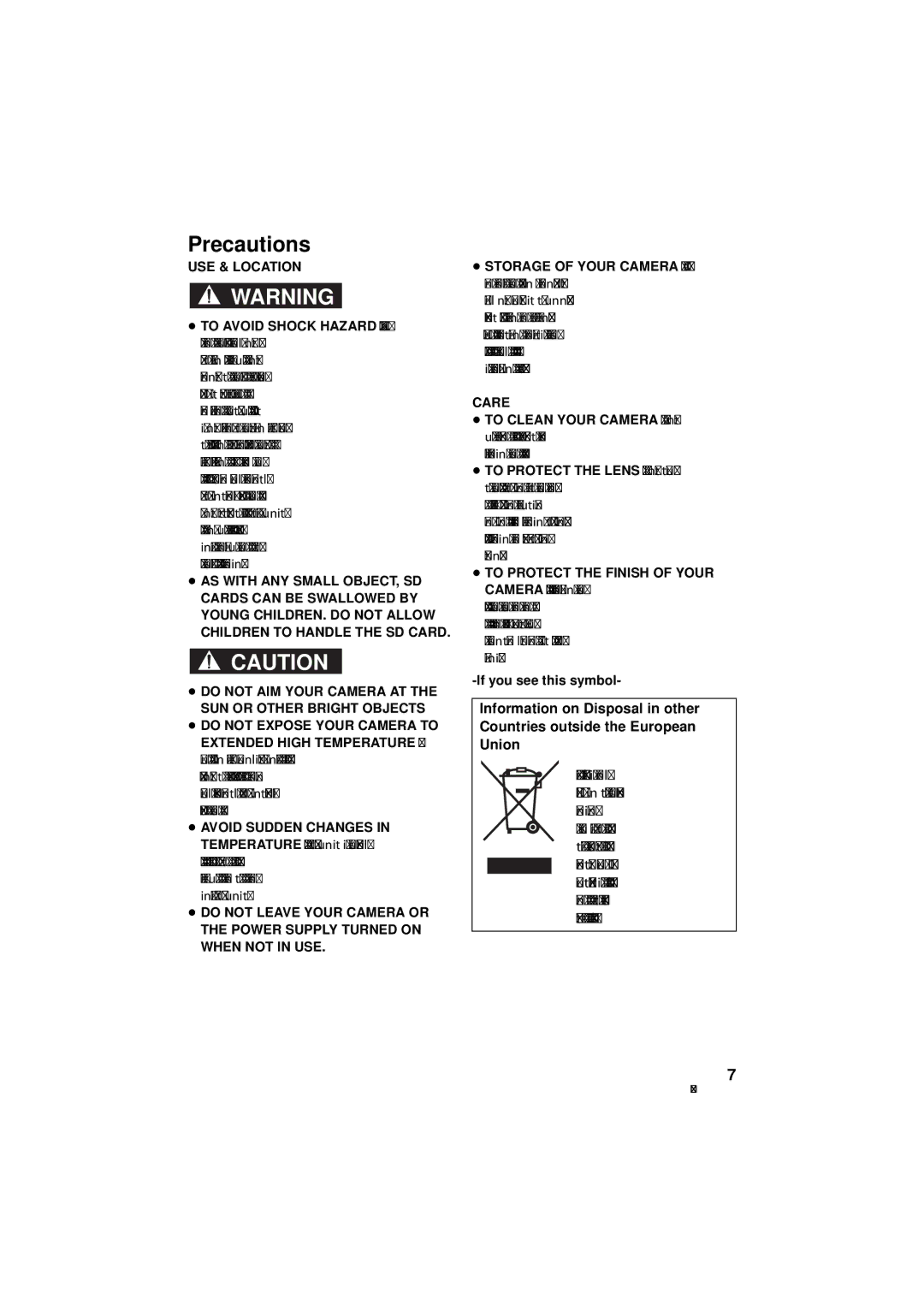 Panasonic HDC-SD90P/PC, HDC-TM90P/PC owner manual Precautions, USE & Location, Care 