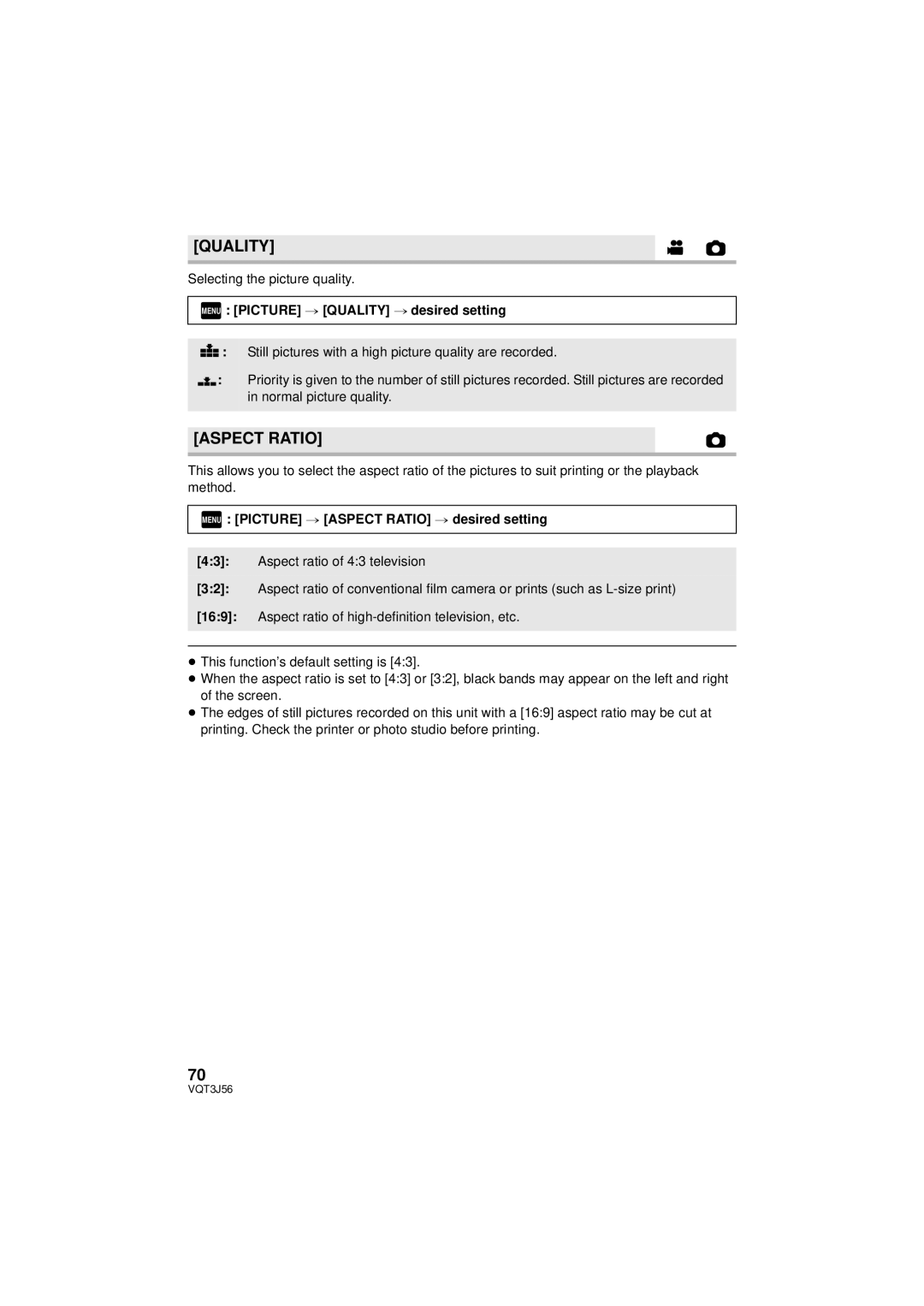 Panasonic HDC-TM90P/PC Aspect Ratio, Selecting the picture quality, Menu Picture # Quality # desired setting 