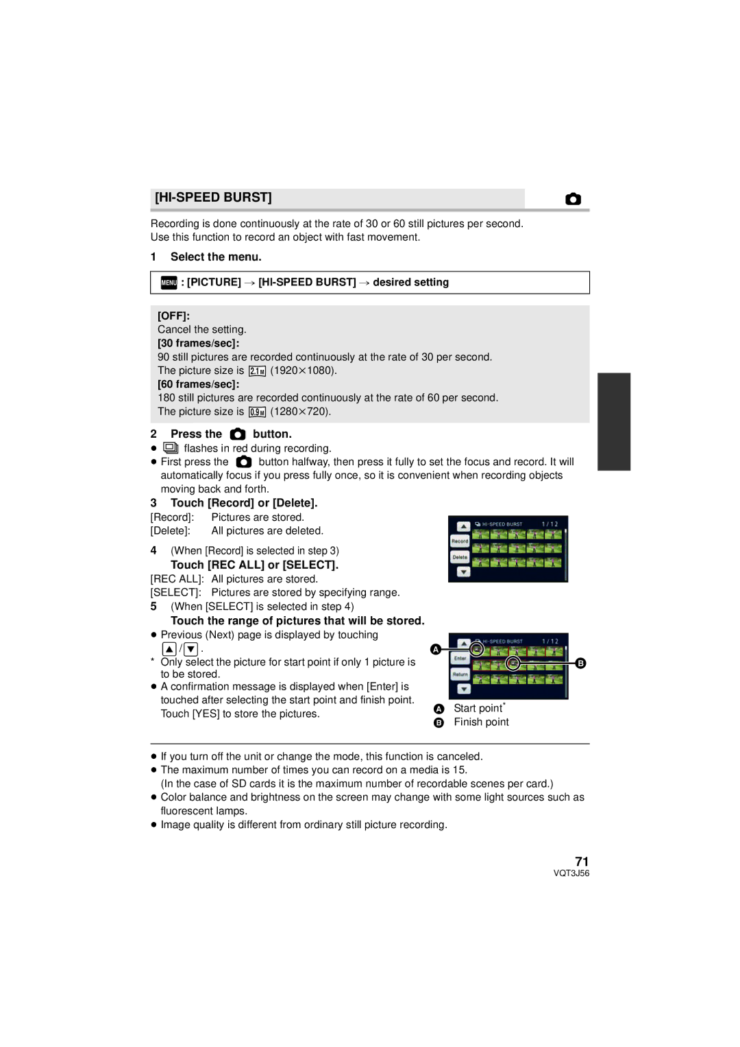 Panasonic HDC-SD90P/PC, HDC-TM90P/PC HI-SPEED Burst, Press the button, Touch Record or Delete, Touch REC ALL or Select 