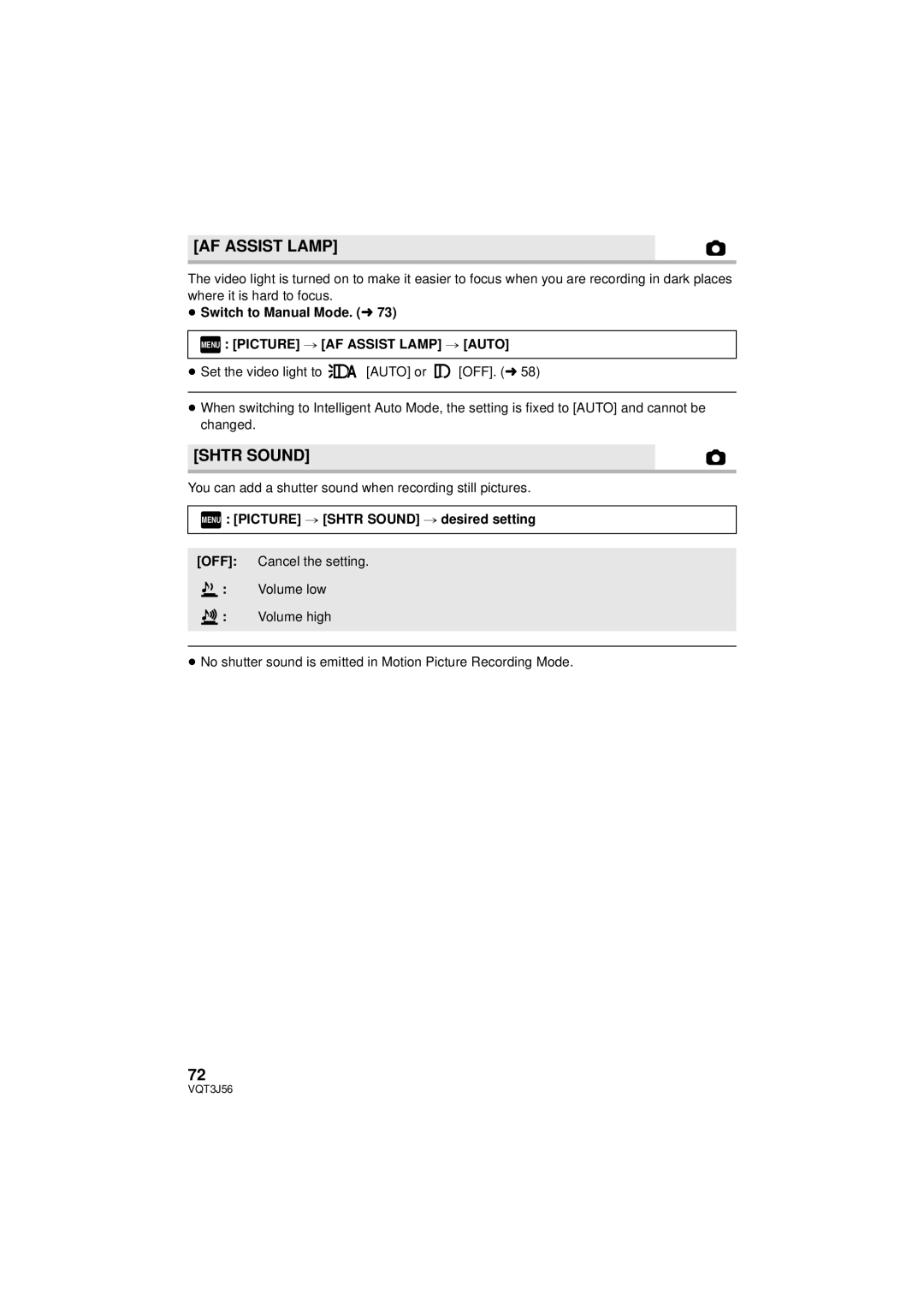 Panasonic HDC-TM90P/PC Menu Picture # AF Assist Lamp # Auto, Menu Picture # Shtr Sound # desired setting 