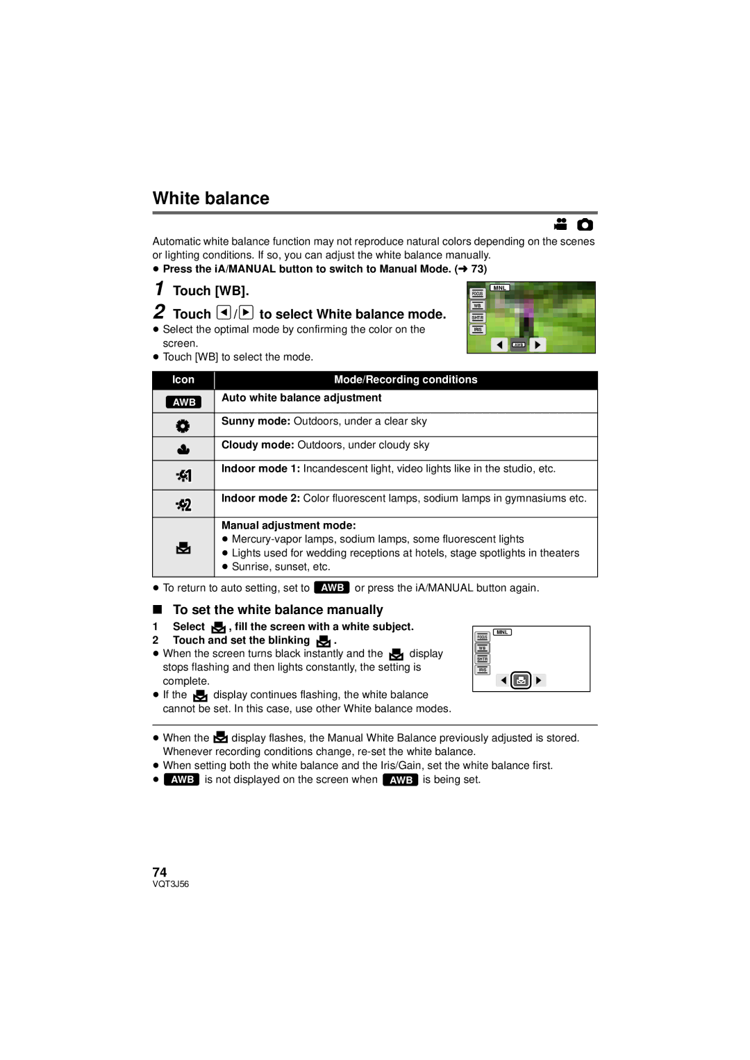 Panasonic HDC-TM90P/PC, HDC-SD90P/PC Touch WB Touch / to select White balance mode, To set the white balance manually 