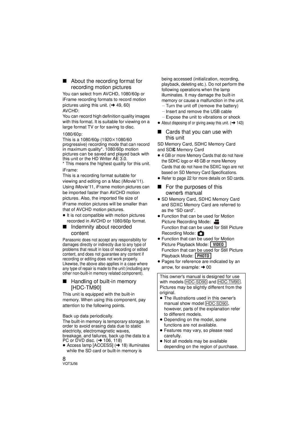 Panasonic HDC-TM90P/PC About the recording format for recording motion pictures, Indemnity about recorded Content, Avchd 