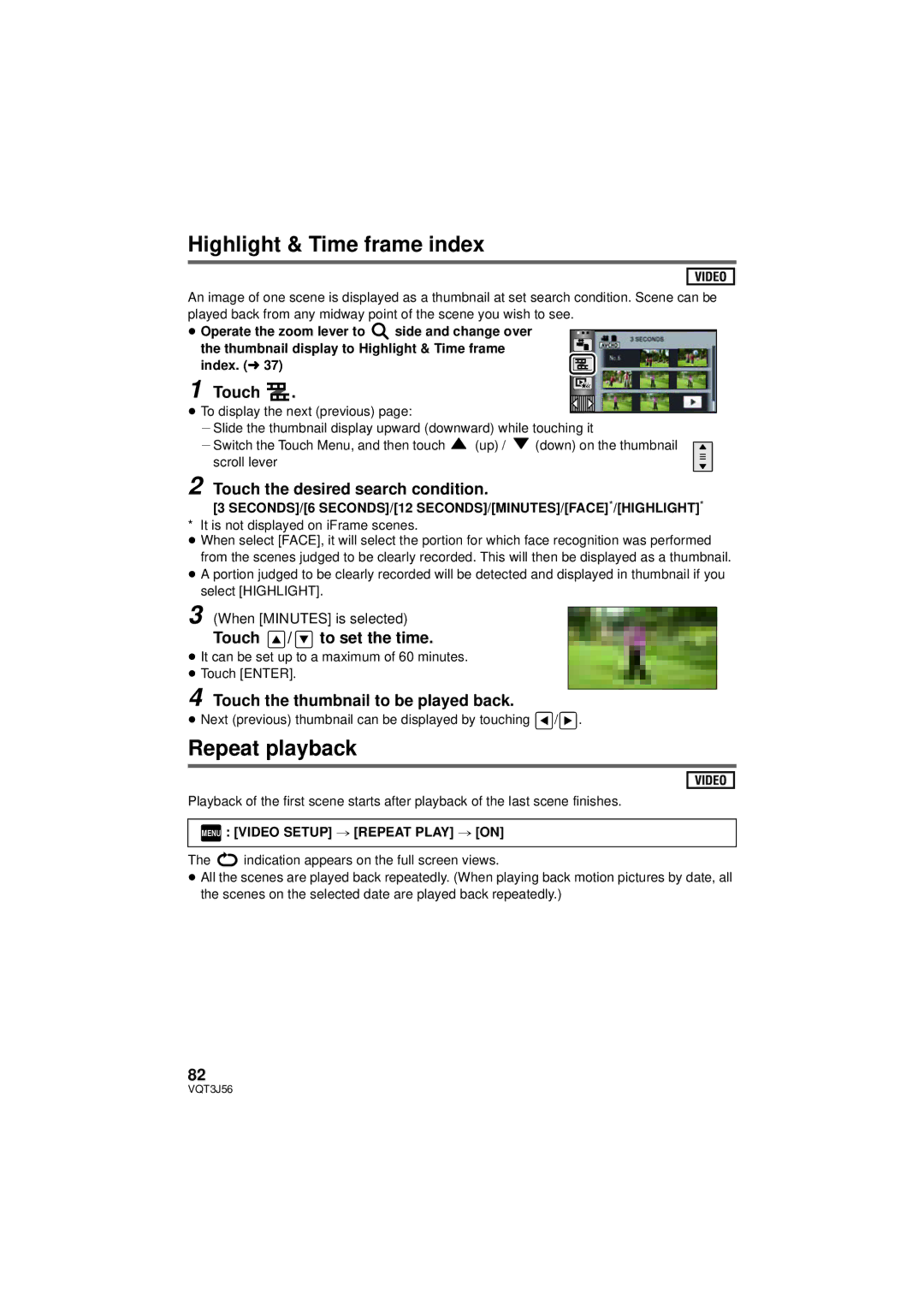 Panasonic HDC-TM90P/PC, HDC-SD90P/PC Highlight & Time frame index, Repeat playback, Touch the desired search condition 