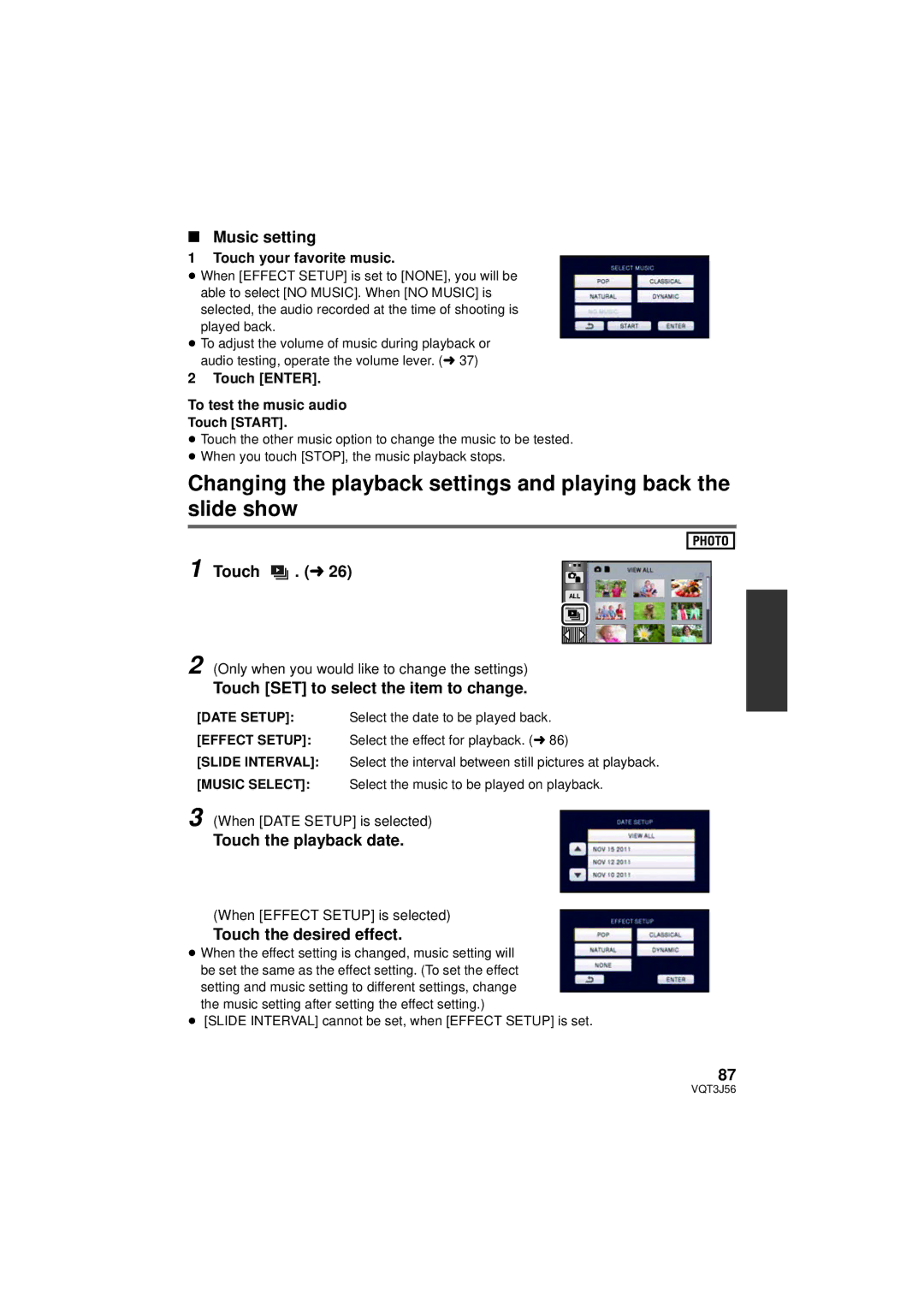 Panasonic HDC-SD90P/PC, HDC-TM90P/PC Music setting, Touch . l, Touch the desired effect, Touch your favorite music 