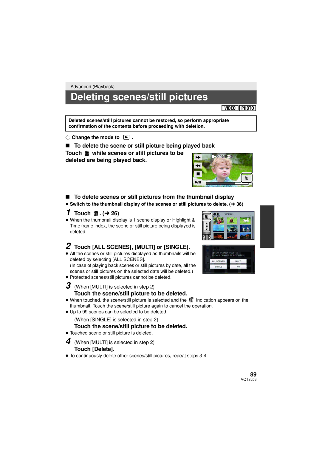 Panasonic HDC-SD90P/PC, HDC-TM90P/PC Deleting scenes/still pictures, Touch ALL SCENES, Multi or Single, Touch Delete 