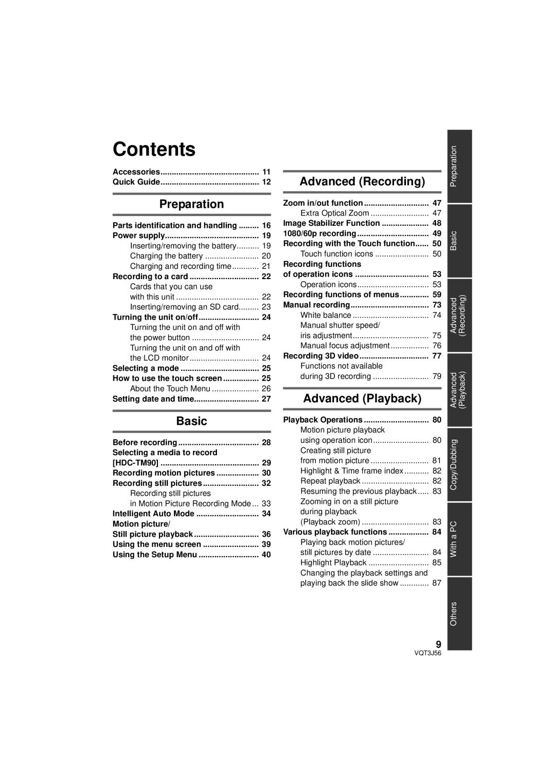 Panasonic HDC-SD90P/PC, HDC-TM90P/PC owner manual Contents 