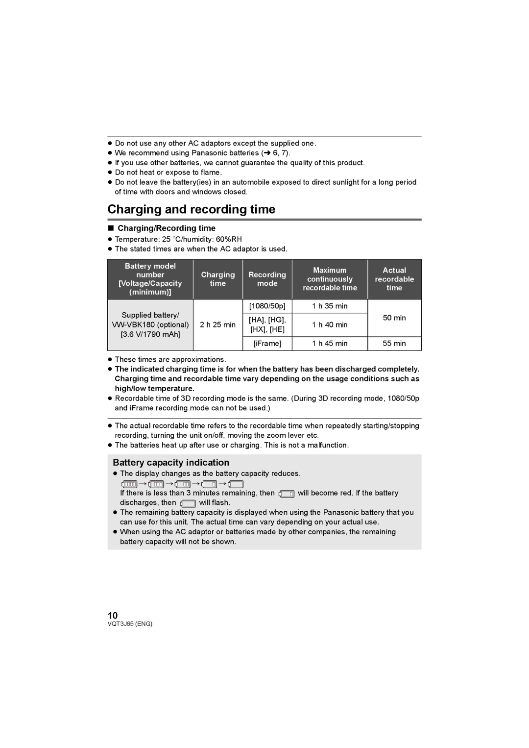 Panasonic HDC-SD99, HDC-TM99, HDC-SD90 operating instructions Charging and recording time, Battery capacity indication 