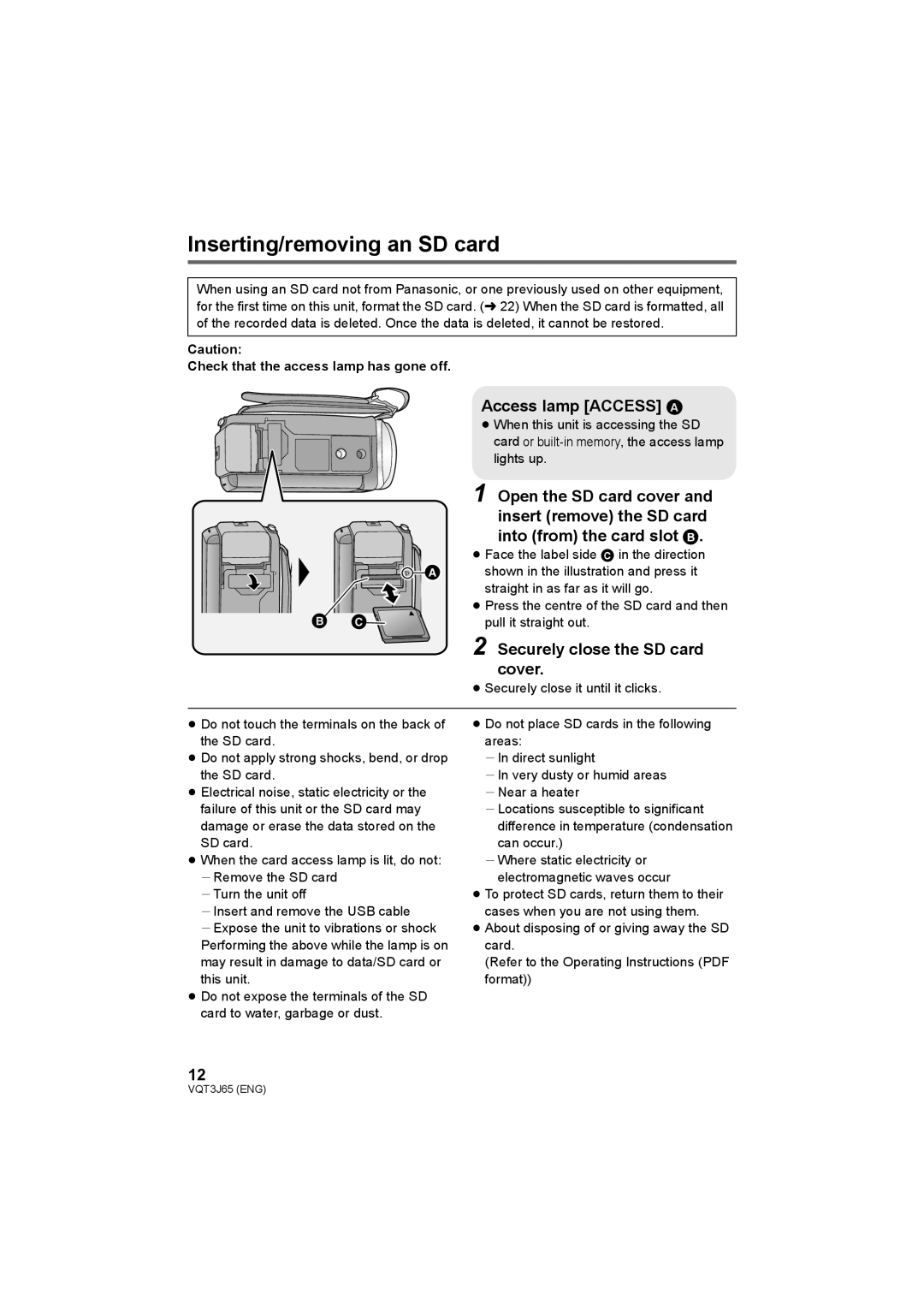 Panasonic HDC-TM99, HDC-SD99 Inserting/removing an SD card, Access lamp Access a, Securely close the SD card cover 