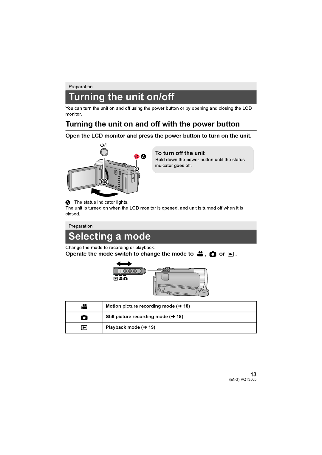 Panasonic HDC-SD99, HDC-TM99 Turning the unit on/off, Selecting a mode, Turning the unit on and off with the power button 