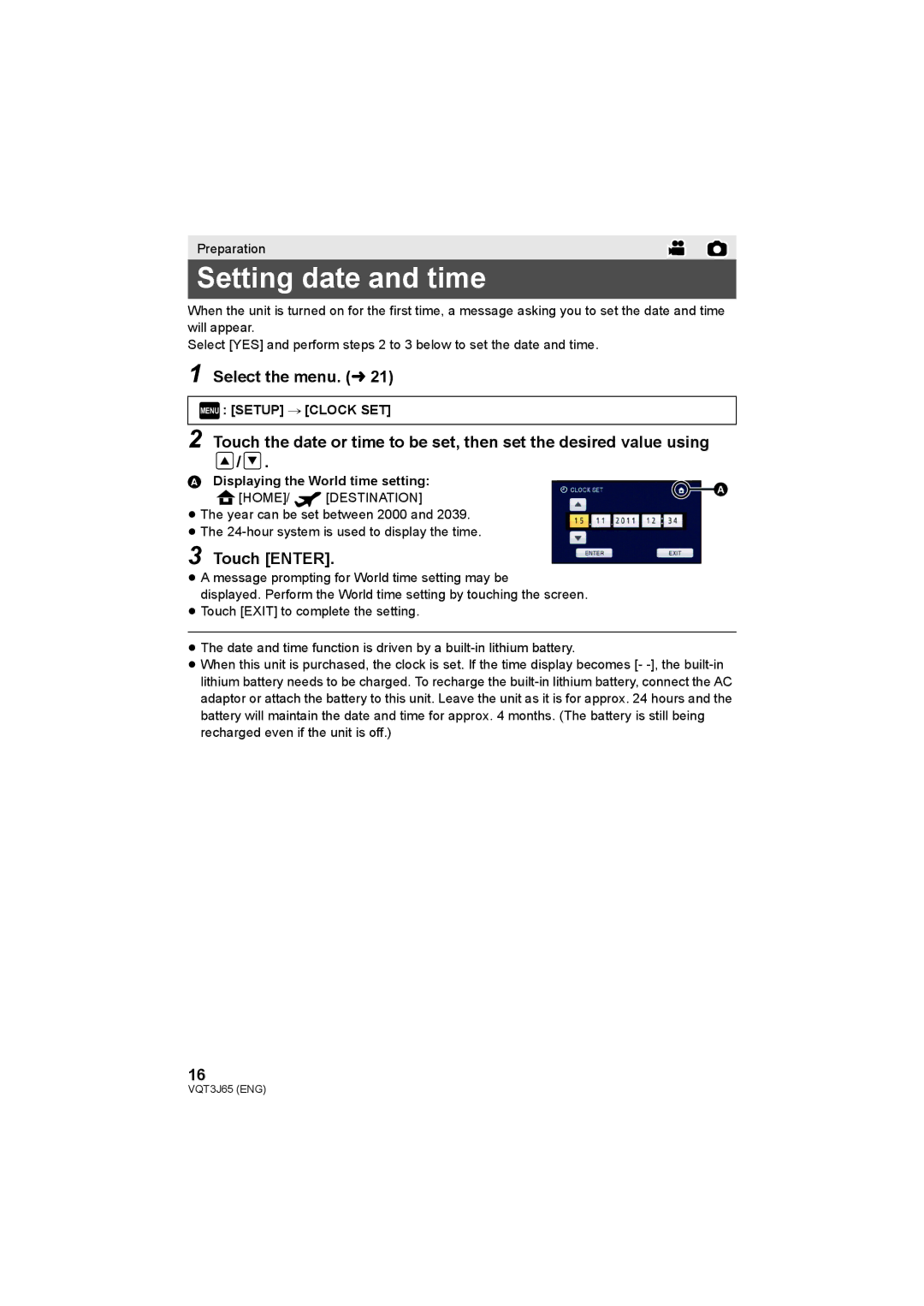 Panasonic HDC-SD99, HDC-TM99 Setting date and time, Select the menu. l, Touch Enter, Displaying the World time setting 