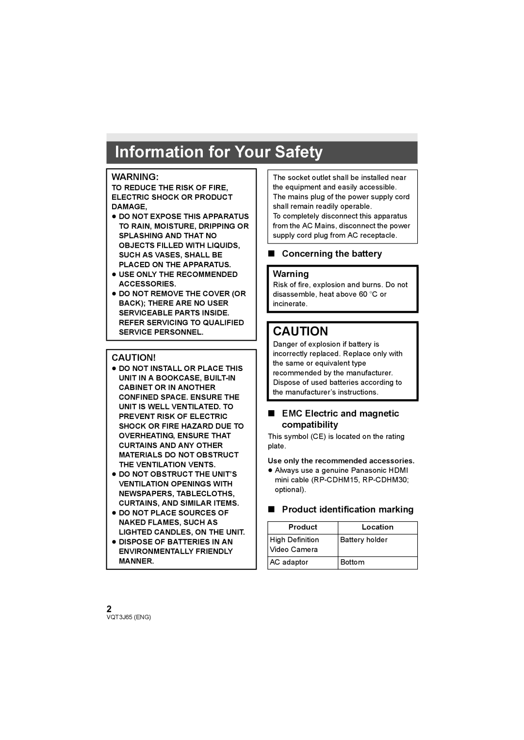 Panasonic HDC-SD90, HDC-TM99 Information for Your Safety, Concerning the battery, EMC Electric and magnetic compatibility 