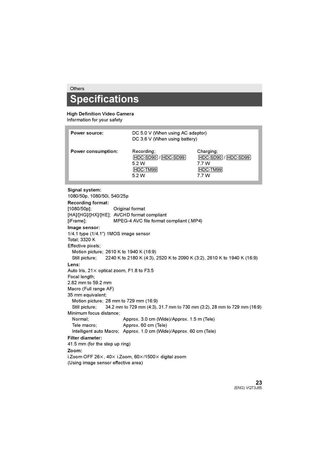 Panasonic HDC-SD90, HDC-TM99, HDC-SD99 operating instructions Specifications 