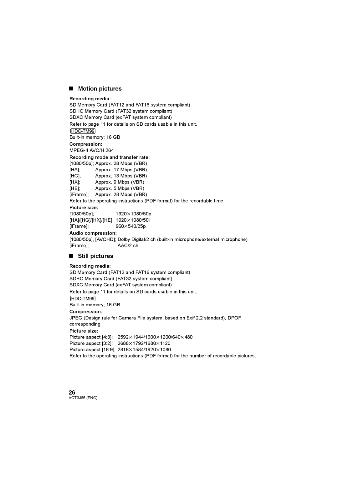 Panasonic HDC-SD90, HDC-TM99, HDC-SD99 operating instructions Motion pictures, Still pictures 