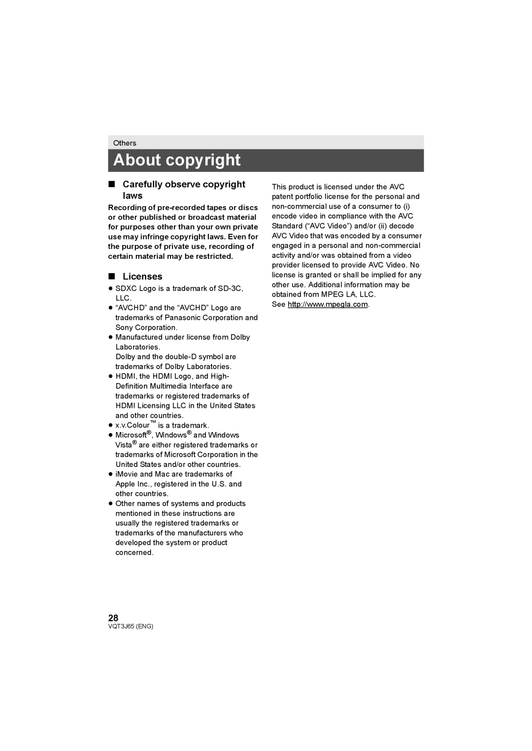 Panasonic HDC-SD99, HDC-TM99, HDC-SD90 operating instructions About copyright, Carefully observe copyright Laws, Licenses 