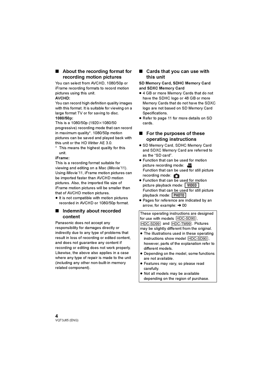 Panasonic HDC-SD99, HDC-TM99 About the recording format for recording motion pictures, Indemnity about recorded Content 