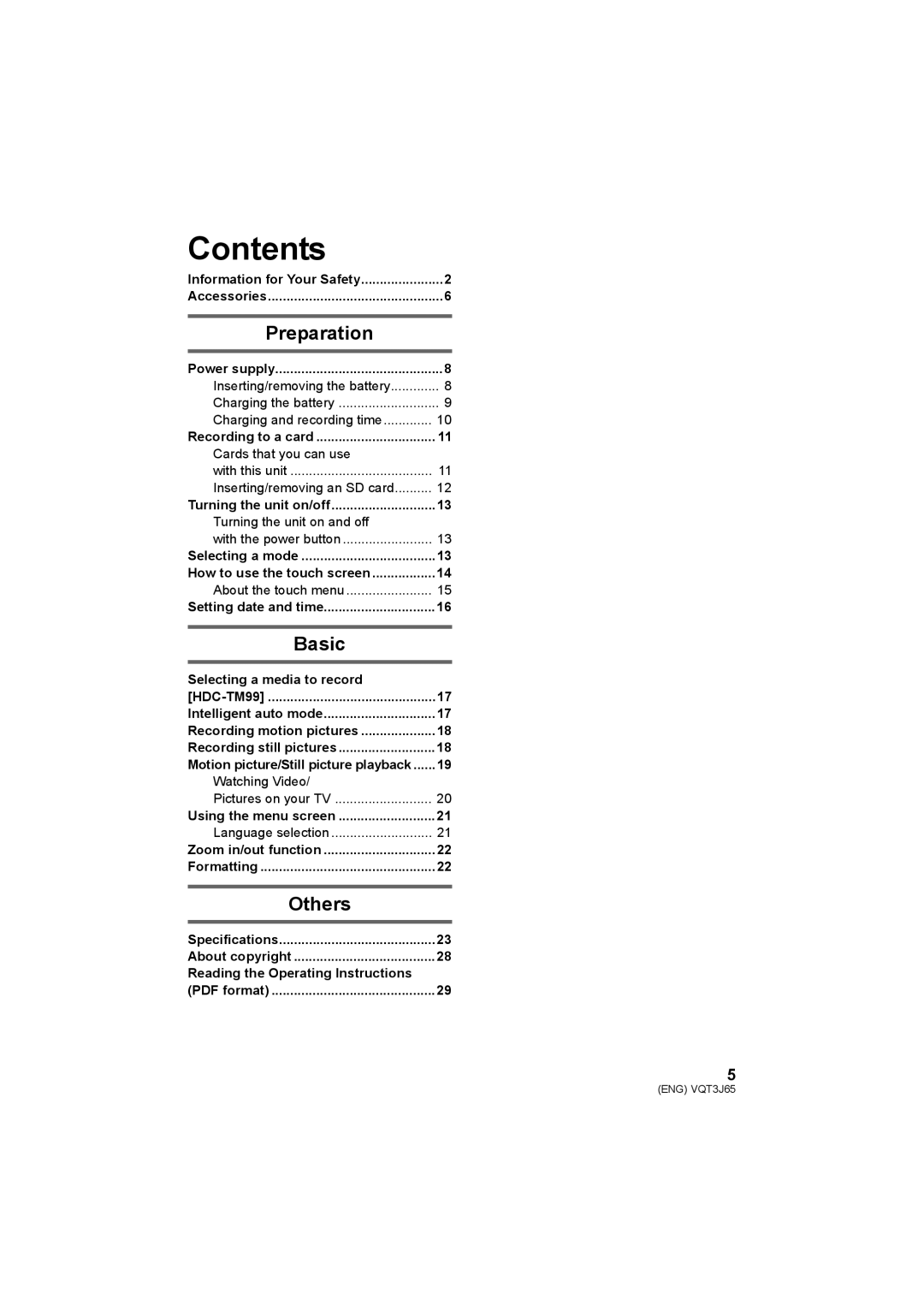 Panasonic HDC-SD90, HDC-TM99, HDC-SD99 operating instructions Contents 