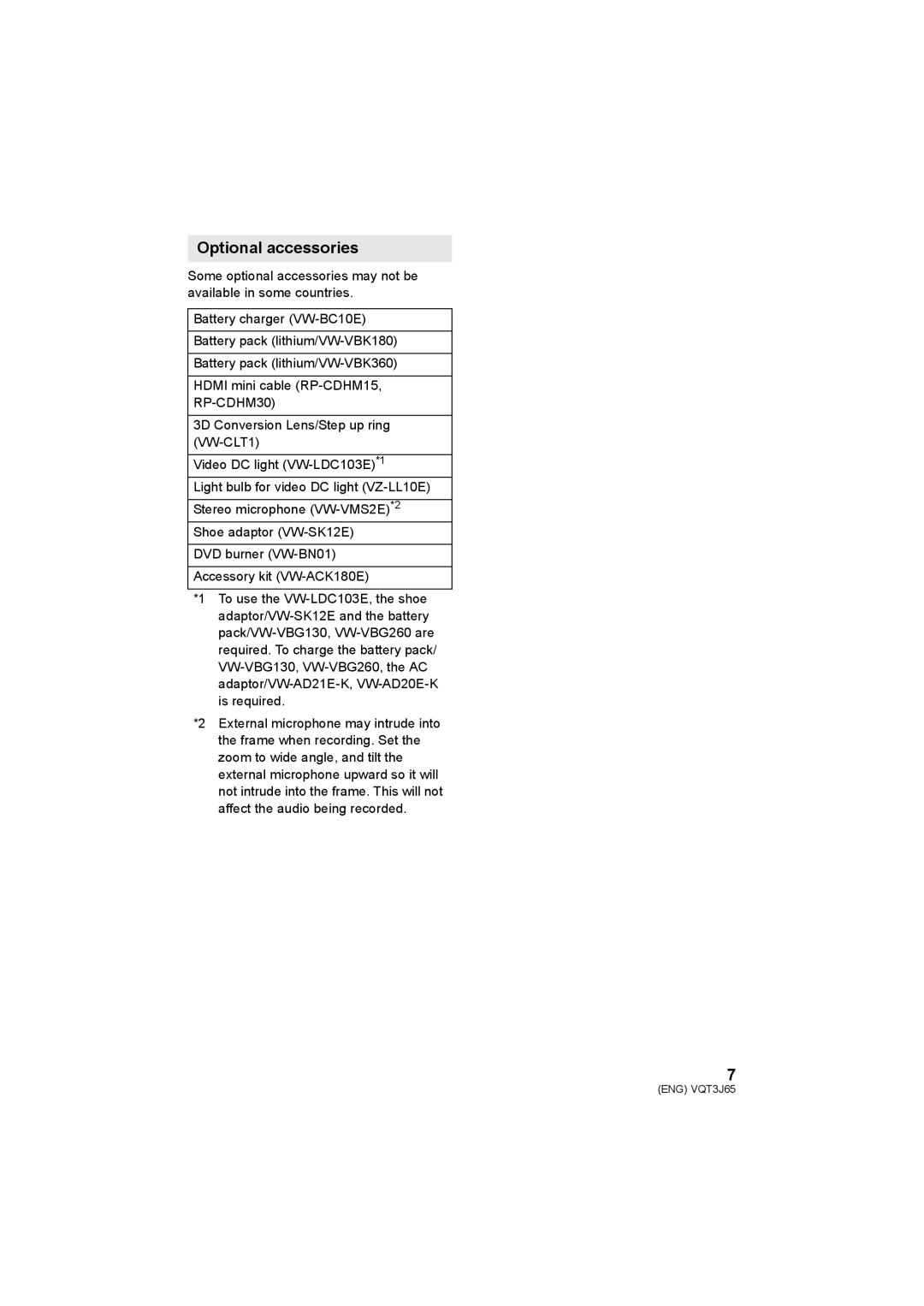 Panasonic HDC-SD99, HDC-TM99, HDC-SD90 operating instructions Optional accessories, RP-CDHM30 