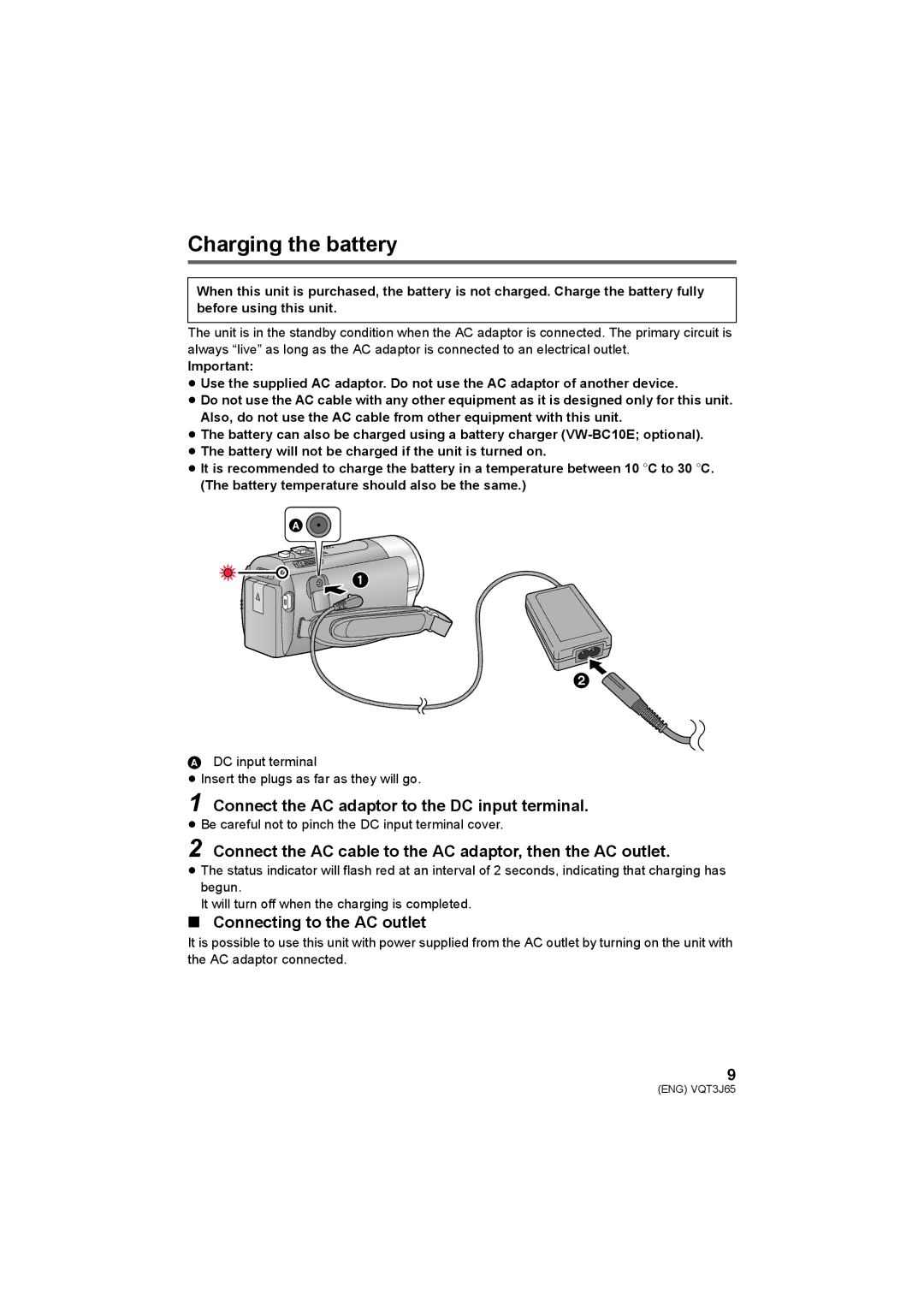 Panasonic HDC-TM99 Charging the battery, Connect the AC adaptor to the DC input terminal, Connecting to the AC outlet 