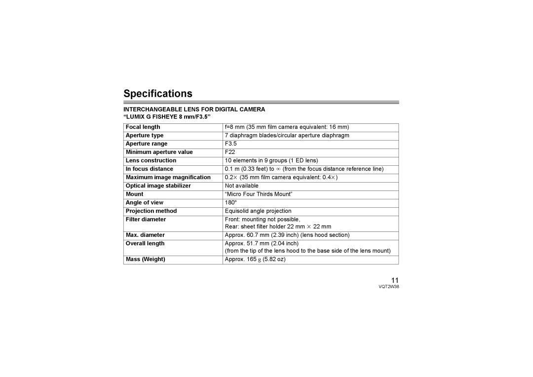 Panasonic HF008, HF-008 operating instructions Specifications 