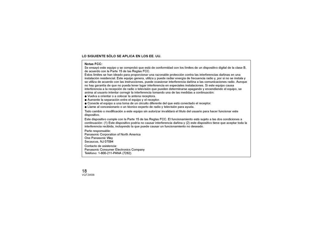 Panasonic HF-008, HF008 operating instructions LO Siguiente Sólo SE Aplica EN LOS EE. UU 