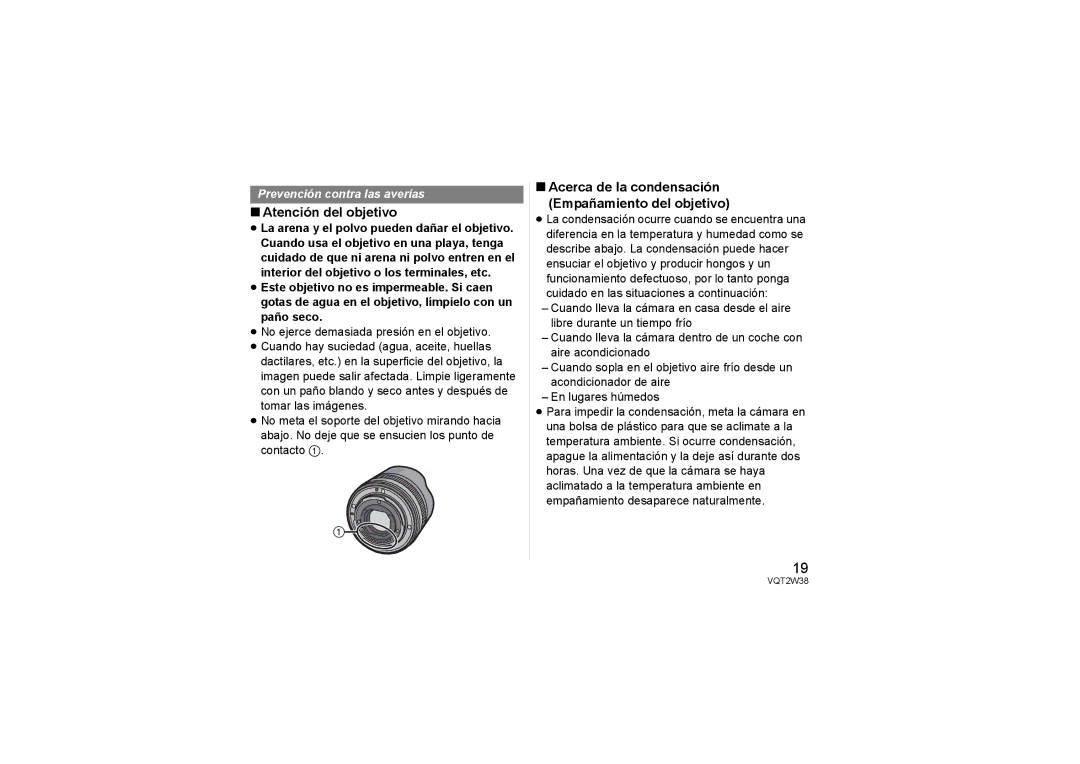 Panasonic HF008, HF-008 operating instructions Atención del objetivo, Acerca de la condensación Empañamiento del objetivo 