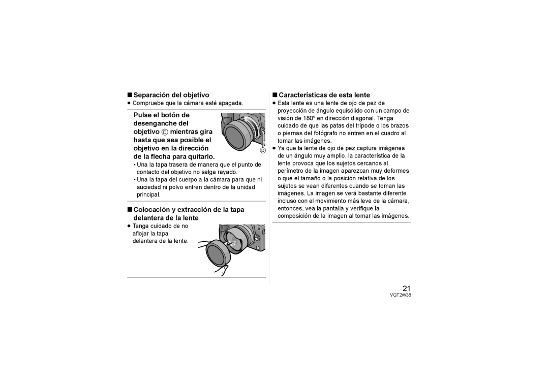 Panasonic HF008, HF-008 Separación del objetivo, Colocación y extracción de la tapa delantera de la lente 