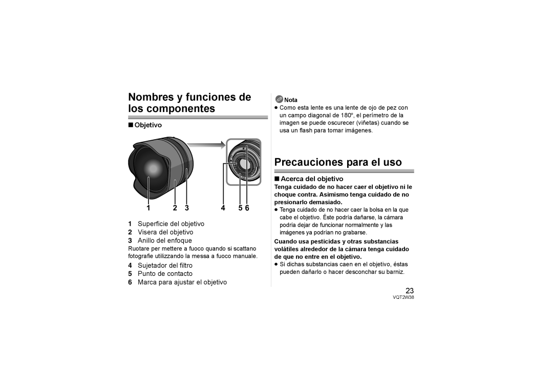 Panasonic HF008 Nombres y funciones de los componentes, Precauciones para el uso, Objetivo, Acerca del objetivo, Nota 