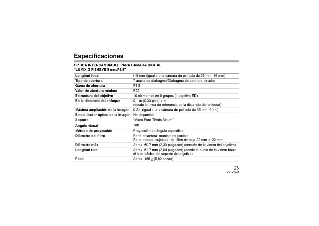 Panasonic HF008, HF-008 operating instructions Especificaciones 