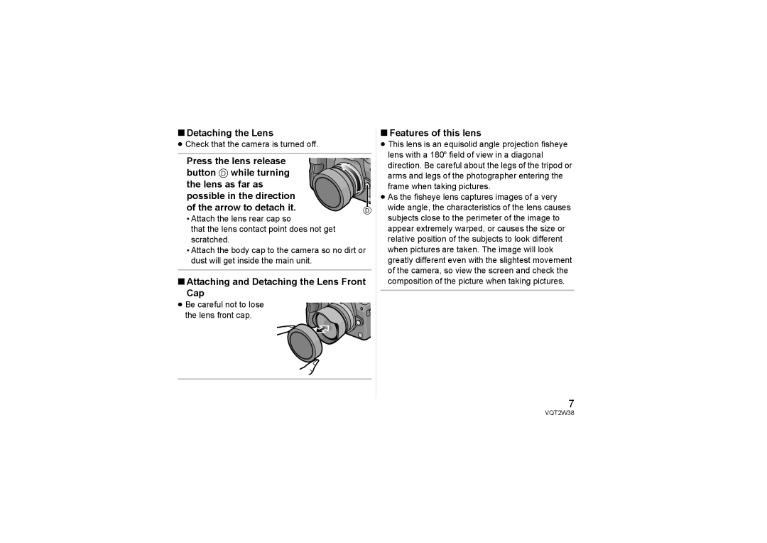 Panasonic HF008, HF-008 operating instructions Attaching and Detaching the Lens Front Cap, Features of this lens 