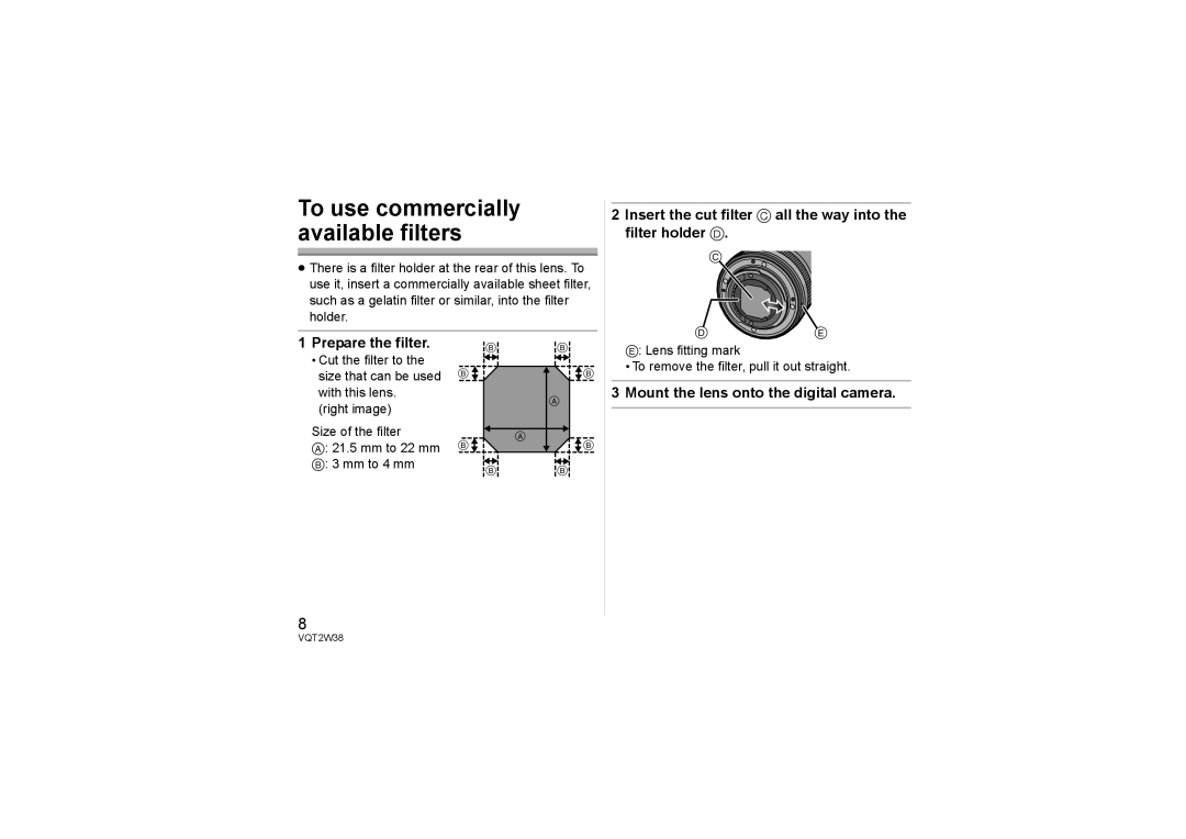 Panasonic HF-008, HF008 operating instructions To use commercially available filters, Mount the lens onto the digital camera 