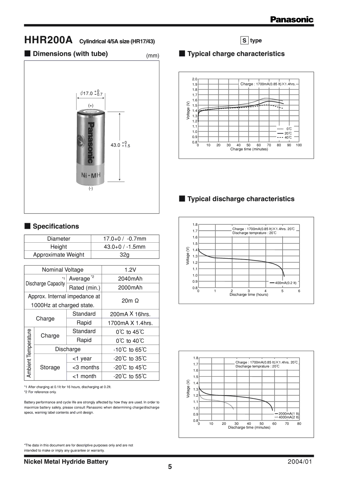 Panasonic HHR200A specifications Dimensions with tube, Specifications, Typical charge characteristics 