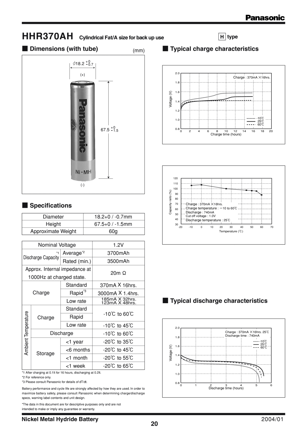 Panasonic HHR370AH specifications Dimensions with tube, Typical charge characteristics, Specifications, 2004/01, H type 
