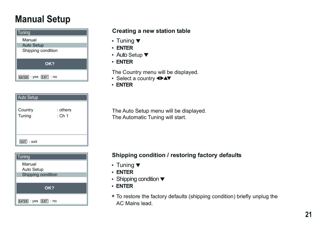 Panasonic NV-MV15 Series, Hi-Fi) Creating a new station table, Shipping condition / restoring factory defaults 