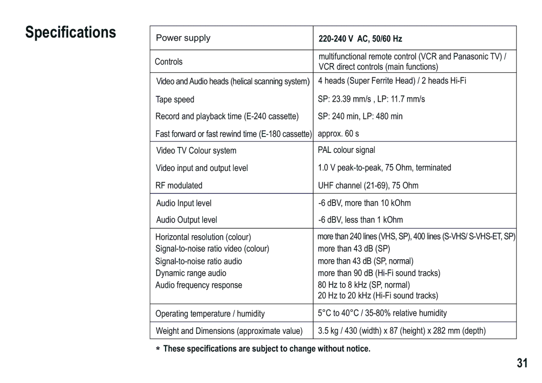 Panasonic NV-MV15 Series, NV-HV50Series (Hi-Fi) These specifications are subject to change without notice 