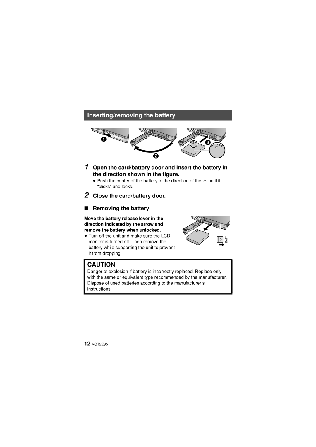 Panasonic HM-TA1, VQT2Z95-1, 1AG6P1P6073-S Inserting/removing the battery, Close the card/battery door Removing the battery 