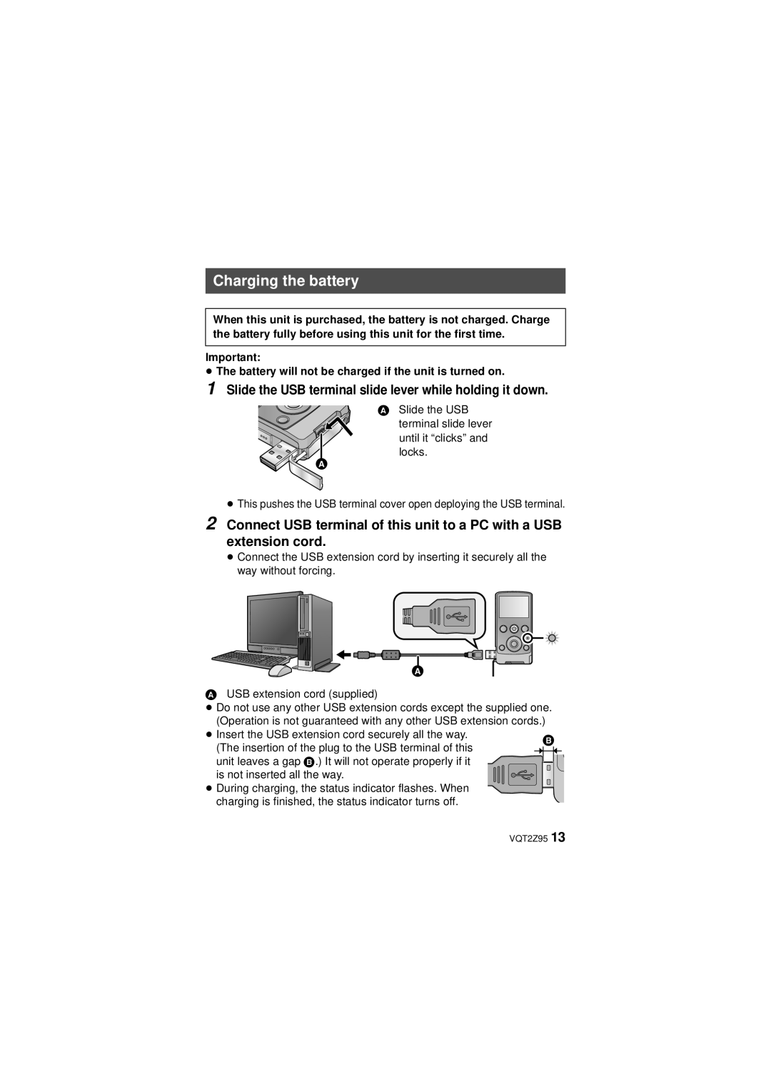 Panasonic VQT2Z95-1, HM-TA1, 1AG6P1P6073-S Charging the battery, Slide the USB terminal slide lever while holding it down 