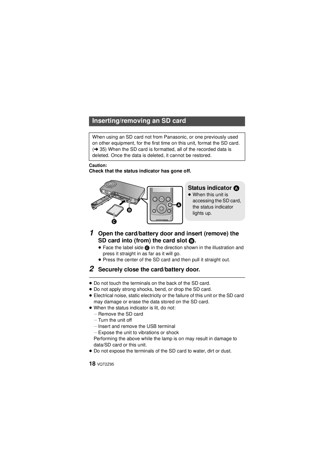 Panasonic 1AG6P1P6073-S, HM-TA1, VQT2Z95-1 Inserting/removing an SD card, Securely close the card/battery door, Lights up 